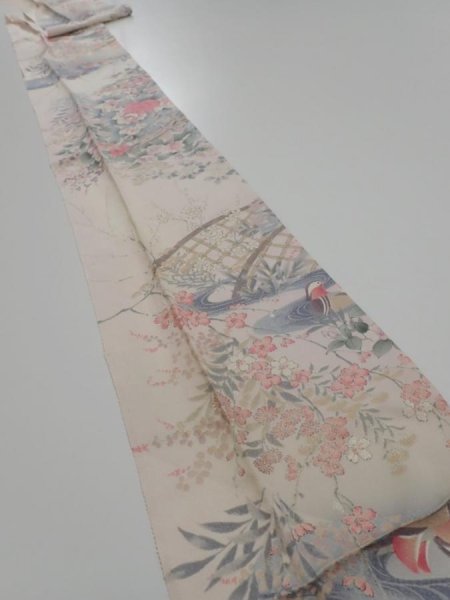 Photo1: 2U09z60  Japanese Kimono Silk  FABRIC Mandarin duck  83.5x7.3 (1)