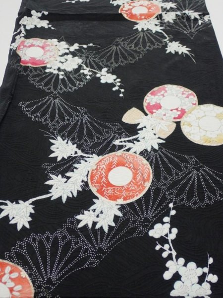 Photo1: 2T01z50  Japanese Kimono Silk  FABRIC Hand drum Black 43.3x14.2 (1)