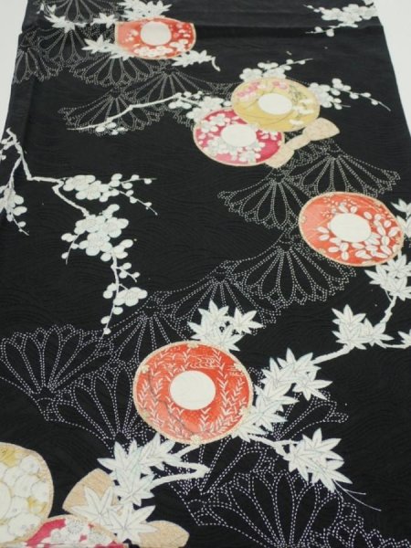 Photo1: 2T02z50  Japanese Kimono Silk  FABRIC Hand drum Black 44.1x14.2 (1)