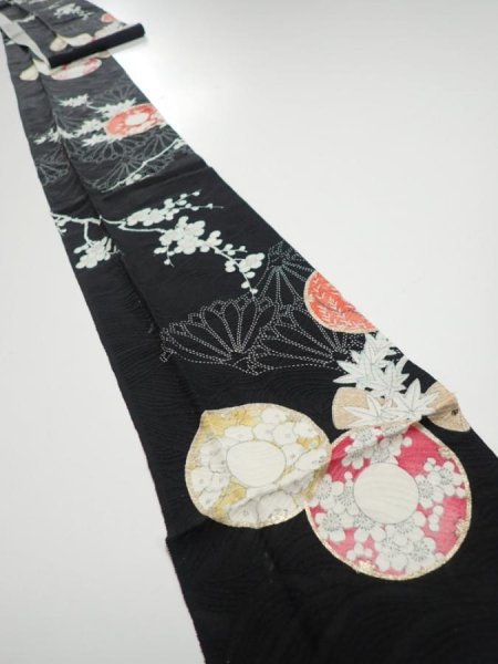 Photo1: 2T09z50  Japanese Kimono Silk  FABRIC Hand drum Black 85.8x6.5 (1)