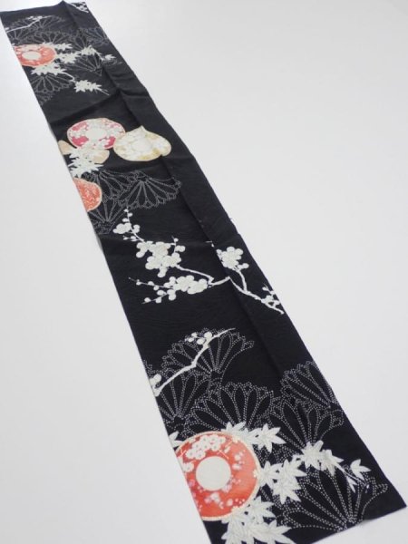 Photo1: 2T10z30  Japanese Kimono Silk  FABRIC Hand drum Black 39.4x6.7 (1)