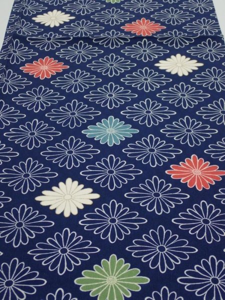 Photo1: 2T01z60  Japanese Kimono Silk  FABRIC Chrysanthemum Navy 40.6x14.2 (1)