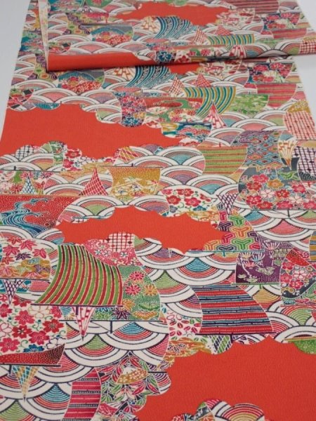 Photo1: 2S06z130  Japanese Kimono Silk  FABRIC Ship Orange-Red 86.6x14.0 (1)