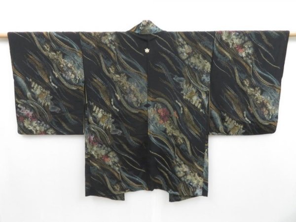 Photo1: 3905T04z680 Vintage Japanese Kimono Silk HAORI Flowers Black (1)