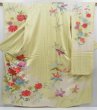 Photo1: 3905T11z1070 Vintage Japanese Kimono Silk FURISODE Peony Light yellow (1)