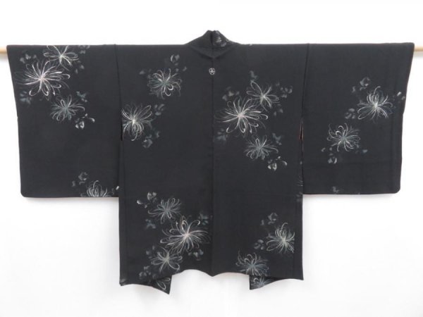 Photo1: 3905T12z710 Vintage Japanese Kimono Silk HAORI Flower Black (1)