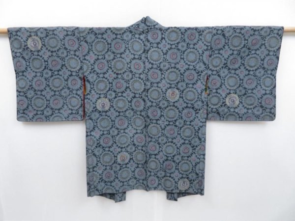 Photo1: 3906T05z400 Vintage Japanese Kimono Silk HAORI Flower Dark gray (1)