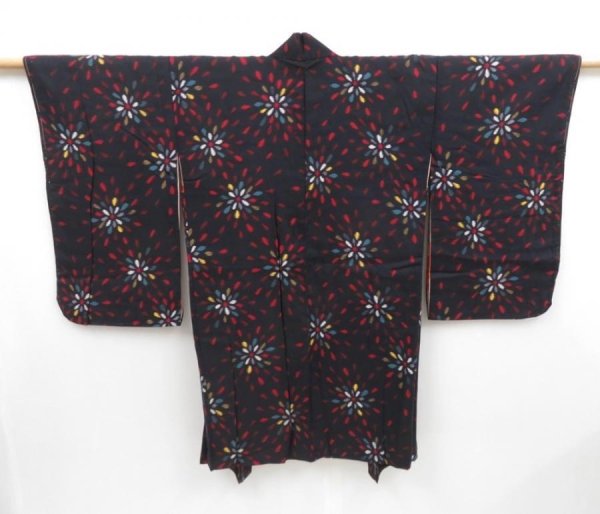 Photo1: 3907T08z720 Vintage Japanese Kimono Cotton HAORI Chrysanthemum Black (1)