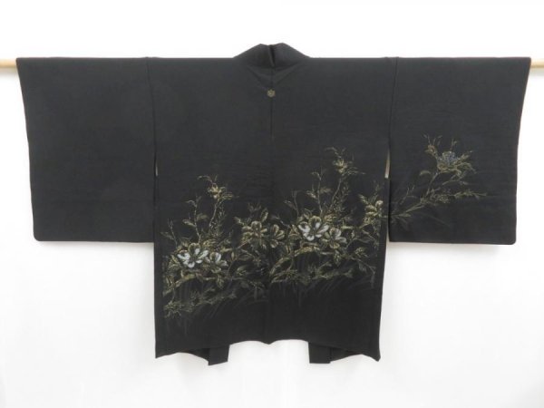 Photo1: 3913T02z540 Vintage Japanese Kimono Silk HAORI Flower Black (1)