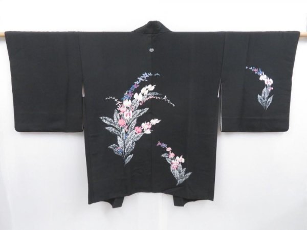 Photo1: 3913T07z580 Vintage Japanese Kimono Silk HAORI Flowers Black (1)