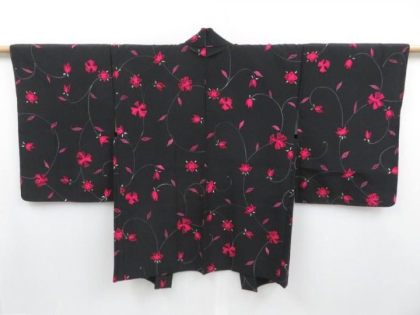 Photo1: 3918T09z660 Vintage Japanese Kimono Silk HAORI Flower Black (1)