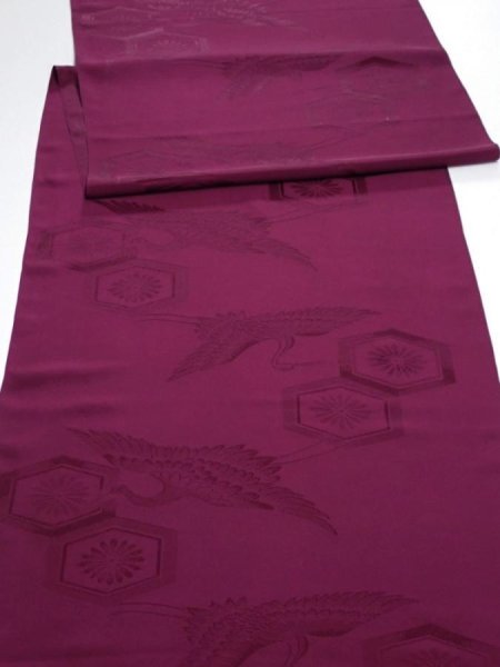 Photo1: 2N01z80  Japanese Kimono Silk  FABRIC Crane Wine red 85.4x15.4 (1)