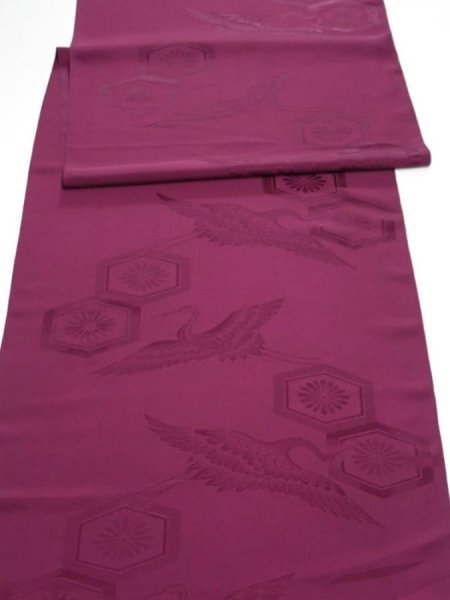 Photo1: 2N05z80  Japanese Kimono Silk  FABRIC Crane Wine red 85.8x15.4 (1)