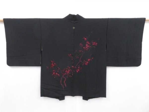 Photo1: 3919T02z490 Vintage Japanese Kimono Silk HAORI Flower Black (1)