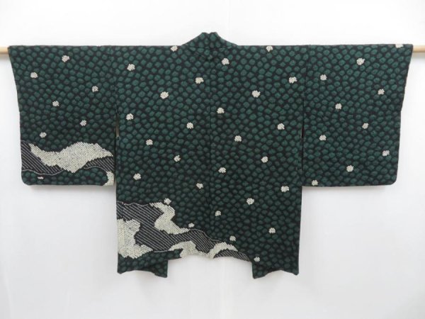 Photo1: 3919T04z620 Vintage Japanese Kimono Silk SHIBORI HAORI  Dark green (1)