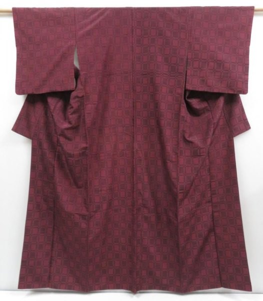 Photo1: 3919T05z950 Vintage Japanese Kimono Silk TSUMUGI  Wine red (1)