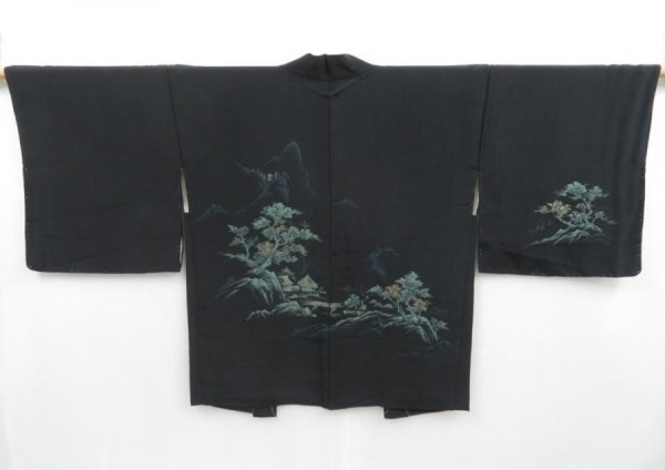 Photo1: 3919T08z440 Vintage Japanese Kimono Silk HAORI Trees Black (1)