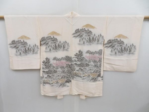 Photo1: 3919T09z550 Vintage Japanese Kimono Silk HAORI Scenery Off-white (1)