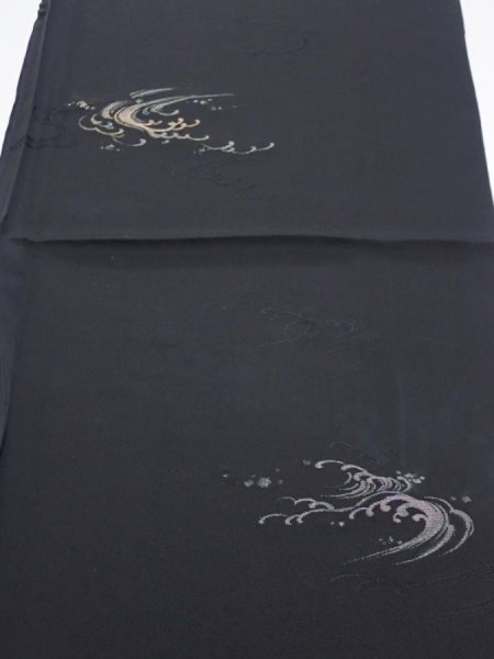 Photo1: 2V02z50  Japanese Kimono Silk  FABRIC Wave Black 35.4x14.2 (1)