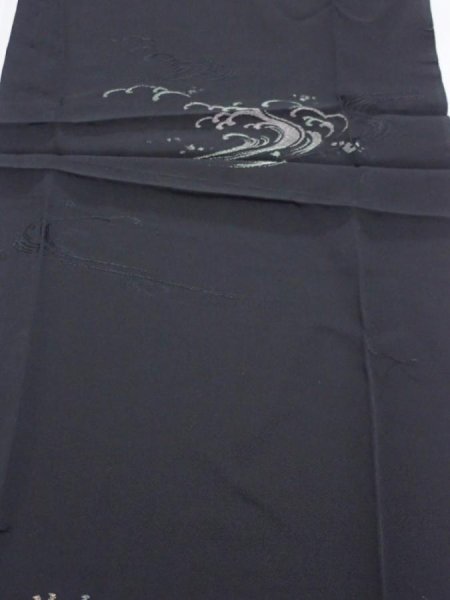 Photo1: 2V06z50  Japanese Kimono Silk  FABRIC Wave Black 48.0x10.2 (1)