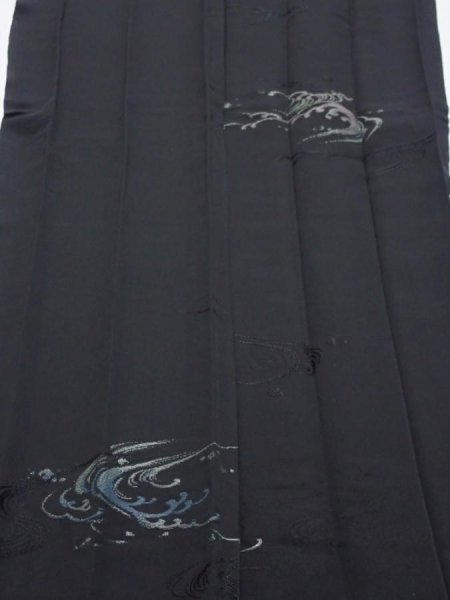 Photo1: 2V07z110  Japanese Kimono Silk  FABRIC Wave Black 78.7x14.2 (1)