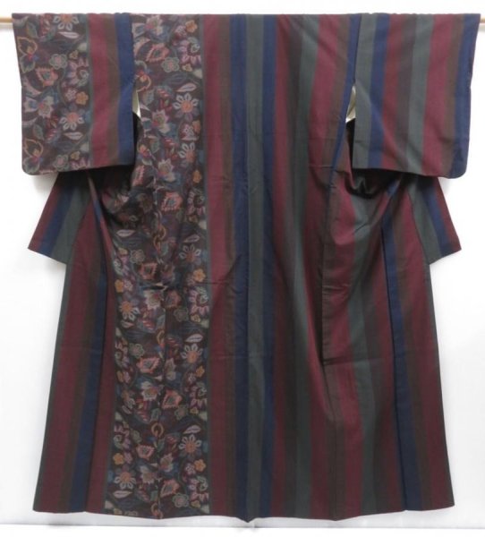 Photo1: 3922T02z920  Japanese Kimono Silk TSUMUGI Flowers Dark brown (1)