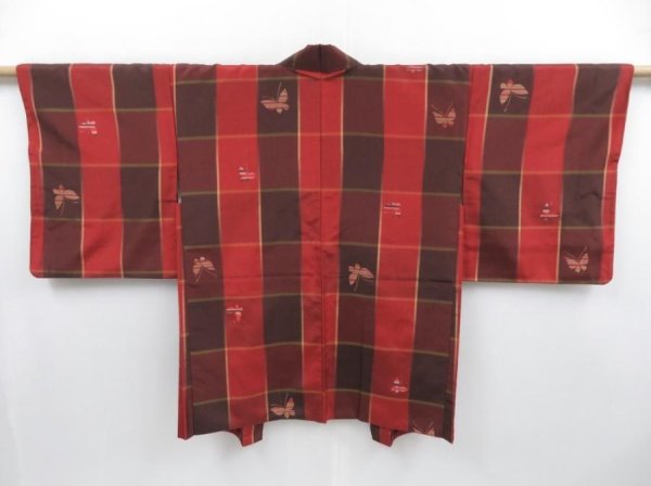 Photo1: 3922T07z470  Japanese Kimono Silk HAORI Butterfly Dull red (1)