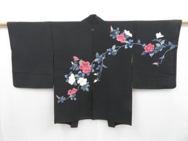 Photo1: 3926T04z610 Vintage Japanese Kimono Silk HAORI Flower Black (1)