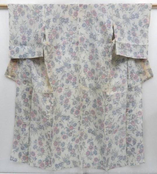 Photo1: 3927T06z460 Vintage Japanese Kimono Silk KINU-OJIYA Flower Light gray (1)