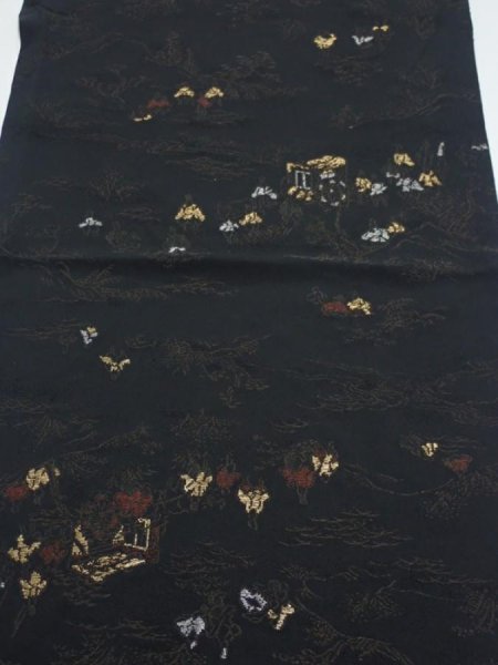 Photo1: 2P01z70  Japanese Kimono Silk  FABRIC Heian era Black 37.0x13.6 (1)