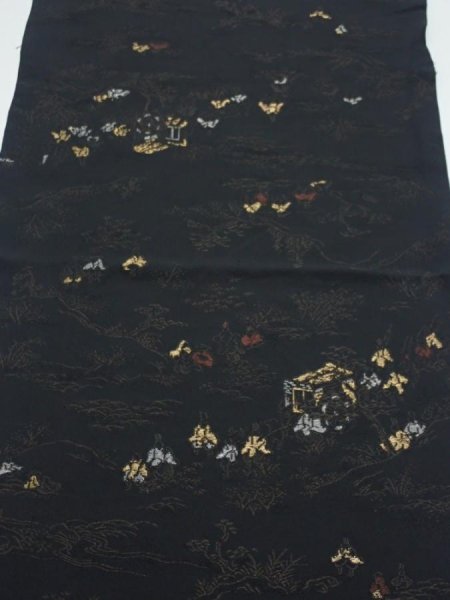 Photo1: 2P02z70  Japanese Kimono Silk  FABRIC Heian era Black 37.4x13.8 (1)