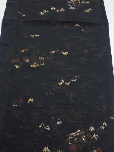 Photo1: 2P04z90  Japanese Kimono Silk  FABRIC Heian era Black 48.8x13.6 (1)