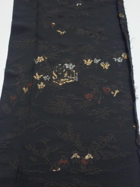 Photo1: 2P05z70  Japanese Kimono Silk  FABRIC Heian era Black 55.9x9.4 (1)