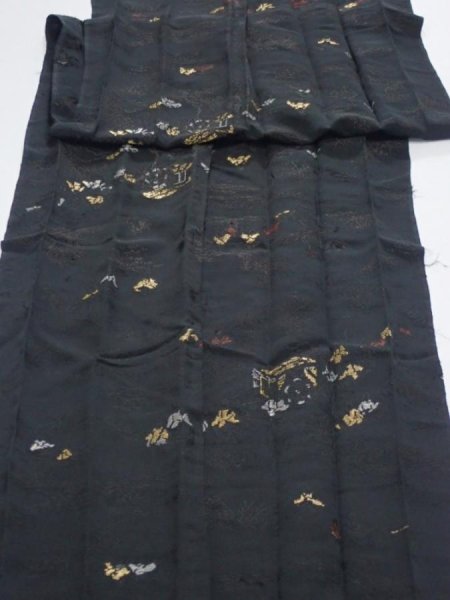 Photo1: 2P07z140  Japanese Kimono Silk  FABRIC Heian era Black 81.5x13.6 (1)