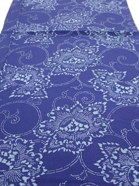 Photo1: 2R02z60  Japanese Kimono Silk  FABRIC Peony Indigo 41.7x14.6 (1)