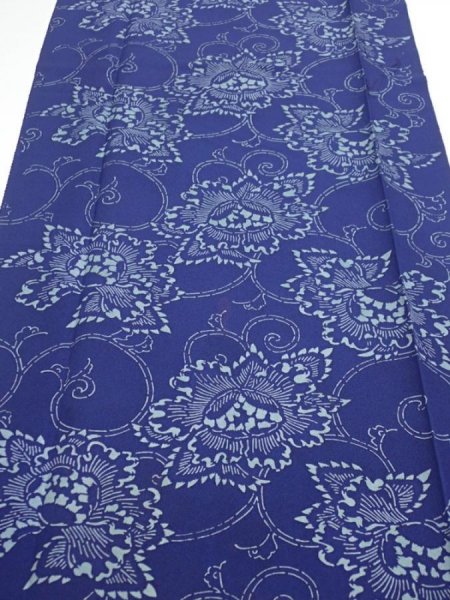 Photo1: 2R03z  Japanese Kimono Silk  FABRIC Peony Indigo (1)