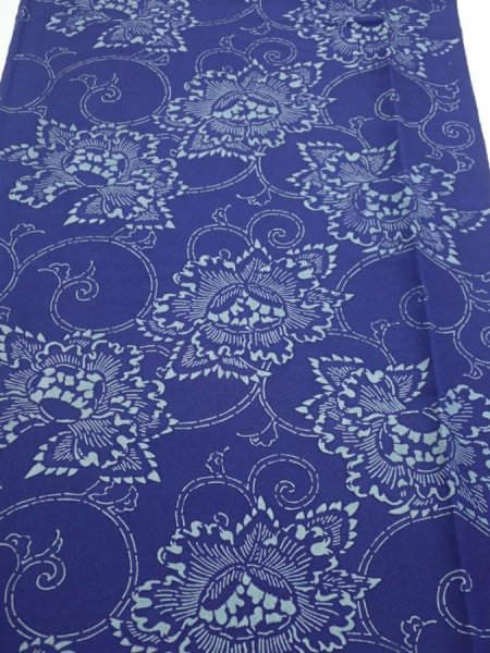 Photo1: 2R06z90  Japanese Kimono Silk  FABRIC Peony Indigo 66.9x14.6 (1)