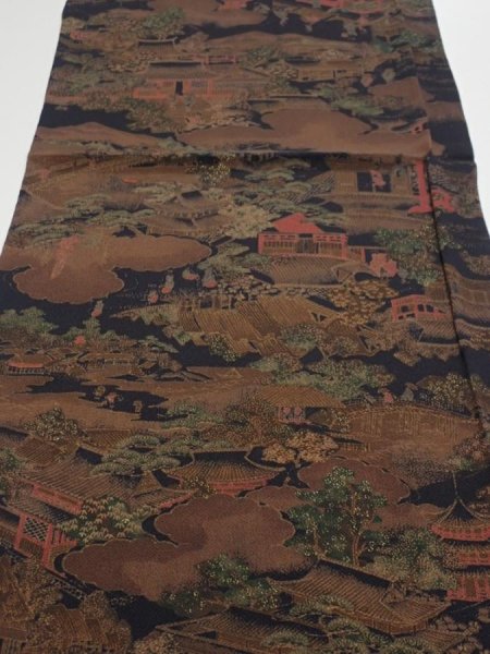 Photo1: 2R01z60  Japanese Kimono Crepe Silk  FABRIC Edo era Black 39.4x14.2 (1)