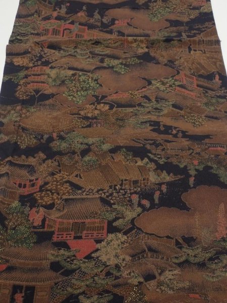 Photo1: 2R02z60  Japanese Kimono Crepe Silk  FABRIC Edo era Black 39.8x14.2 (1)