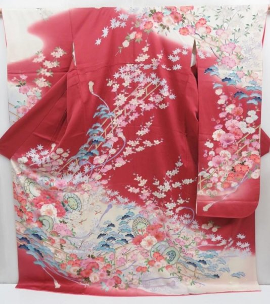 Photo1: 4008T08z1180  Japanese Kimono Silk FURISODE Hand drum Dull red (1)