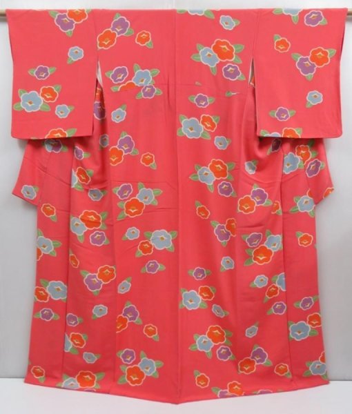 Photo1: 4008T09z1120  Japanese Kimono Silk KOMON Camellia Coral pink (1)