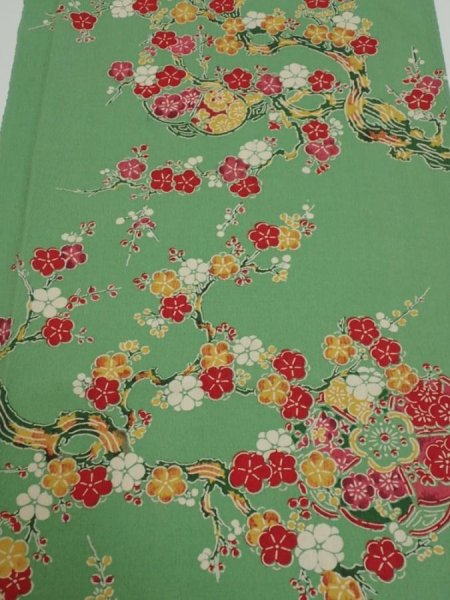 Photo1: 2W01z80 Vintage Japanese Kimono Silk  FABRIC Plum tree Light green 47.2x14.6 (1)