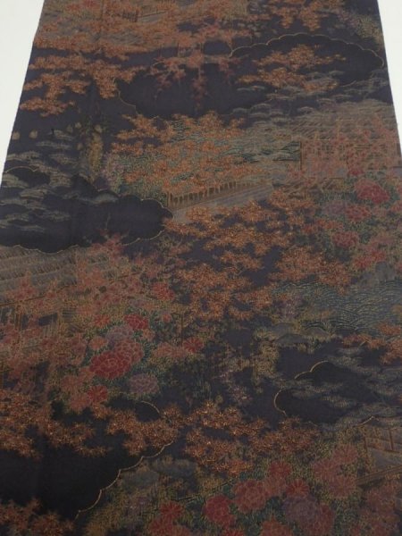 Photo1: 2W06z90  Japanese Kimono Silk  FABRIC Japanese palace garden   66.1x14.2 (1)