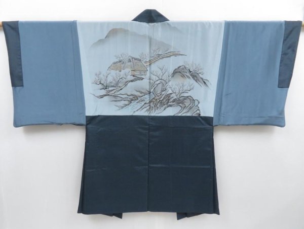 Photo1: 4011T09z460 Vintage Japanese Kimono Silk Men's HAORI Hut Blue-Gray (1)