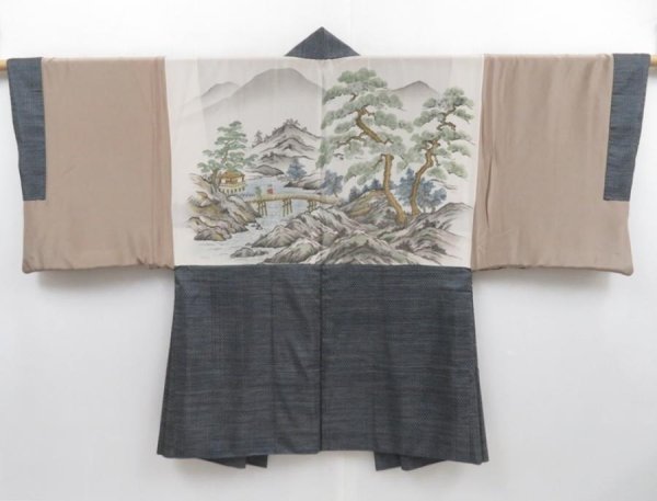 Photo1: 4011T12z440 Vintage Japanese Kimono Silk Men's OSHIMA HAORI Scenery (1)