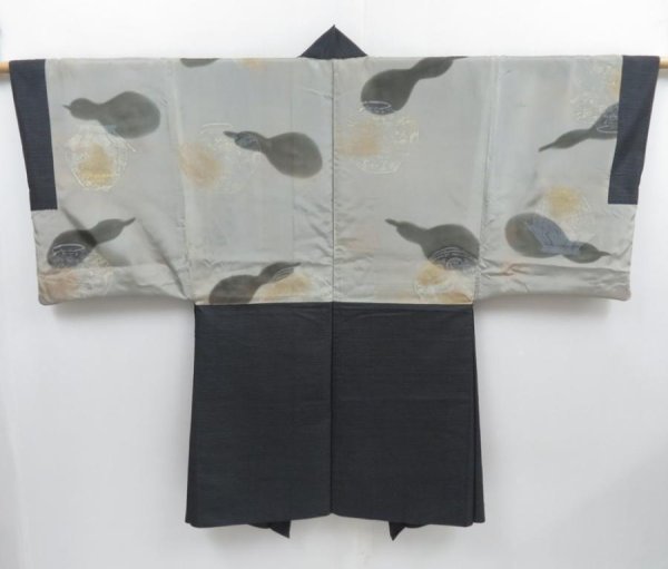 Photo1: 4011T13z450 Vintage Japanese Kimono Silk Men's OSHIMA HAORI  Dark gray (1)