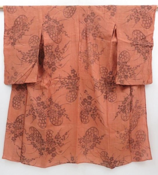 Photo1: 4015T11z420 Vintage Japanese Kimono Silk KINU-OJIYA Flowers Orange-Brown (1)