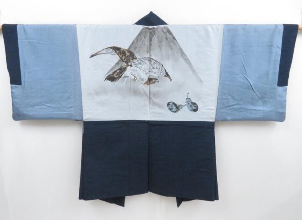 Photo1: 4016T10z510 Vintage Japanese Kimono Silk Men's HAORI Mt.Fuji Navy (1)