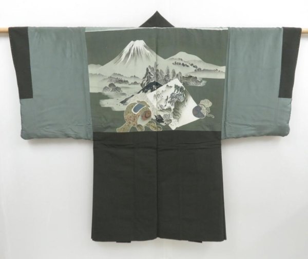 Photo1: 4016T12z550 Vintage Japanese Kimono Silk Men's HAORI Mt.Fuji Green-Gray (1)