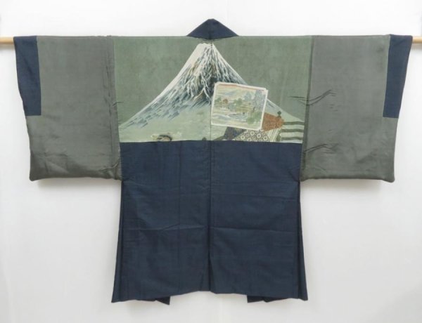 Photo1: 4019T10z410 Vintage Japanese Kimono Silk Men's OSHIMA HAORI Mt.Fuji (1)